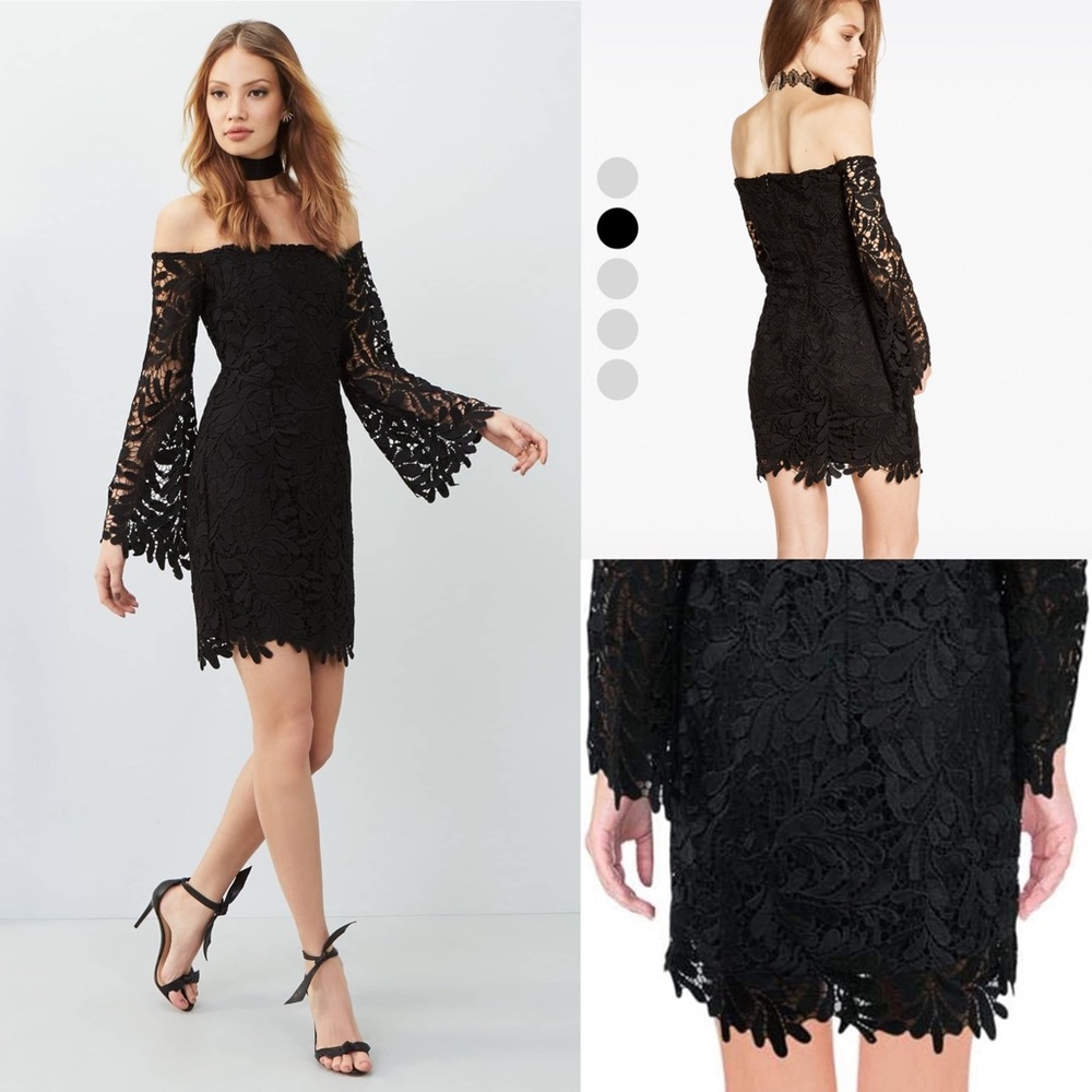 Bardot Black Lace Bell Sleeve Off Shoulder Mini Dress - Picture 2 of 12